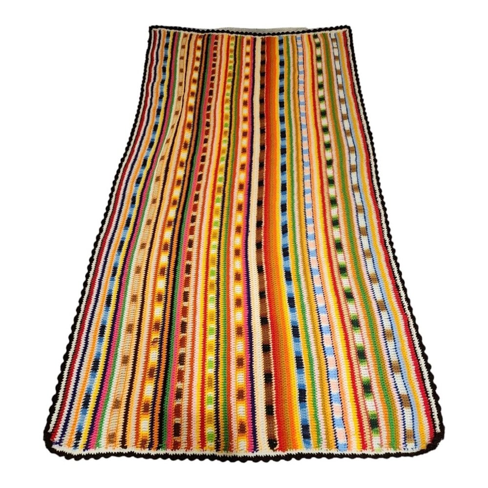 Hippie Chic Striped Crochet Afghan Throw Vintage Boho Grannycore Throw 70x37